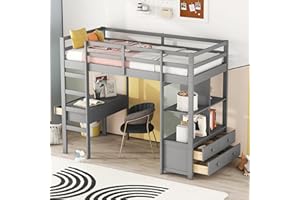 KecDuey Hochbett 90 x 200cm,Holzbett Kinderhochbett mit Stauraumschubladen,Lattenrost und Unterbettschreibtisch für Jungen und Mädchen Grau