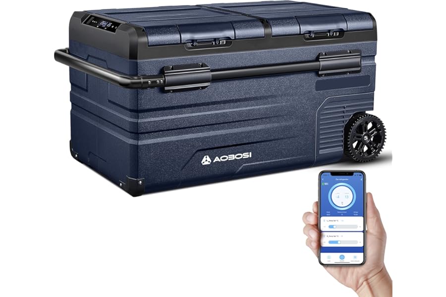 AAOBOSI 75L Car Refrigerator Portable Freezer, 12V Fridge Freezer Dual Zone Compressor Camping Fridge with APP Control for Car 12V/24V 100-240V Electric Cooler for Camping -20℃ to 20℃