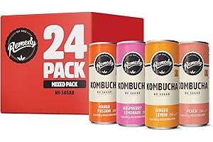 Remedy Kombucha Tea - 4 Flavour Mixed Pack - Sparkling Live Cultured Drink - Naturally Sugar Free Soft Drink - Prime Probiotic Drink for Gut Health - 24 x 250ml
