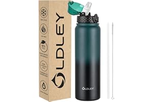 OLDLEY 1L Botella Agua Acero Inoxidable con Pajita, Aislado al Vacío Botellas Agua Metal Prueba de Fugas, Mantiene las Bebidas Calientes y Frías para Bicicleta, Camping, Deportes, Mujeres, Hombres