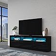 LED TV Stand Cabinet, Black Gloss TV Unit with LED Lights, Modern High Gloss TV Stand Unit with 2 Doors 2 Drawers and Open Shelves, TV Entertainment Unit for Living Room Home Furniture 160CM