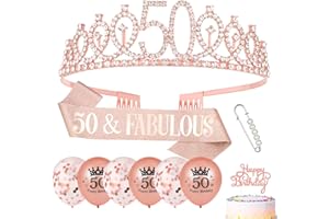 Popuppe 50th Birthday Sash and Tiara Gold 50 & Fabulous Sash Rhinestone Crown Balloons Birthday Cake Topper for Women Birthday Gift Party Decorations Supplies (Rose Gold)