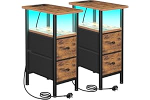 LOAKEKEL Slim Bedside Table Set of 2, Narrow Side Table with Charging Station, Sofa Table with LED Lights, End Table with 2 Fabric Drawers, Nightstand for Small Spaces, Bedroom, Brown UHETNDP02LBR