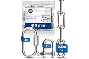 NIETFULLTHINGS 50-cm = 0,5 metros 5-mm cadena de extensión de acero inoxidable de 5 mm de espesor carga de ruptura max 900 kg con grilletes mosquetón de cadena de V4A set de montaje suspensión de saco de boxeo