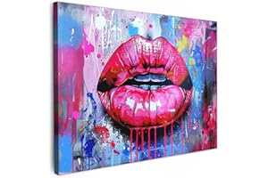 MuchoWow© Canvas Wall Art Work 31"x24" / 80x60 cm Room Decor Painting Wallfillers Picture Decoration Prints Graffiti - Lips - Hot Pink - Painted