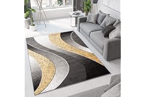 TAPISO Dream Tappeto Camera Soggiorno Salotto Moderno Nero Grigio Giallo Astratto Onde A Pelo Corto 80 x 150 cm