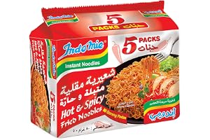 Indomie Instant Fried Noodles Hot & Spicy with Seasoning Powder and Sauce (Pack of 5 - 80 g Each)