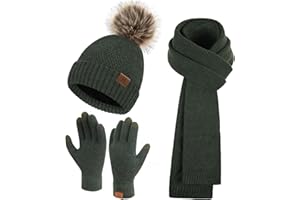 Bequemer Laden Womens Winter Beanie Hats Long Scarf Neck Touchscreen Gloves Set Knitted Pompom Cap with Thermal Fleece Lined