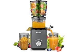 Pukomc Cold Press Juicer, 147MM feed chute for whole fruits and vegetables - 1.8L Capacity 300W Cold Press Juicer with slow grinding juicing, includes cleaning brush and juicing cup, grey.