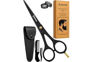 ASPIRO Skäggsax, Professionell Mustaschsax i Rostfritt Stål för Ansiktshår, Perfekt Utrustning för Frisörsax i Ett Läderfodral Med Mustasch och Skäggkam