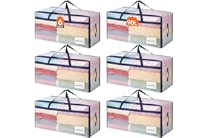 Lifewit Lot de 6 Grands Sacs Rangement Vetement 90 L, Sac Demenagement avec Poignées, Housse Rangement Couette, Boite Rangement Pliable, Transparent