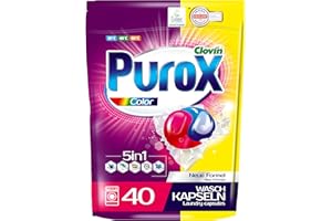 CLOVIN PUROX PUROX COLOR Lessive Capsules (40 Lavages) – pour Textiles Colorés, Élimine les Taches, Protège les Couleurs, Entièrement Rinçable, Formule Optimisée, Doypack