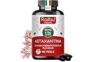 RAIBU Astaxantina Pura - 80 mg (equivalenti a 8 mg di astaxantina) dall’alga Haematococcus pluvialis - 180 Capsule: scorta per 6 mesi - Potente antiossidante, senza stearato di magnesio, senza OGM