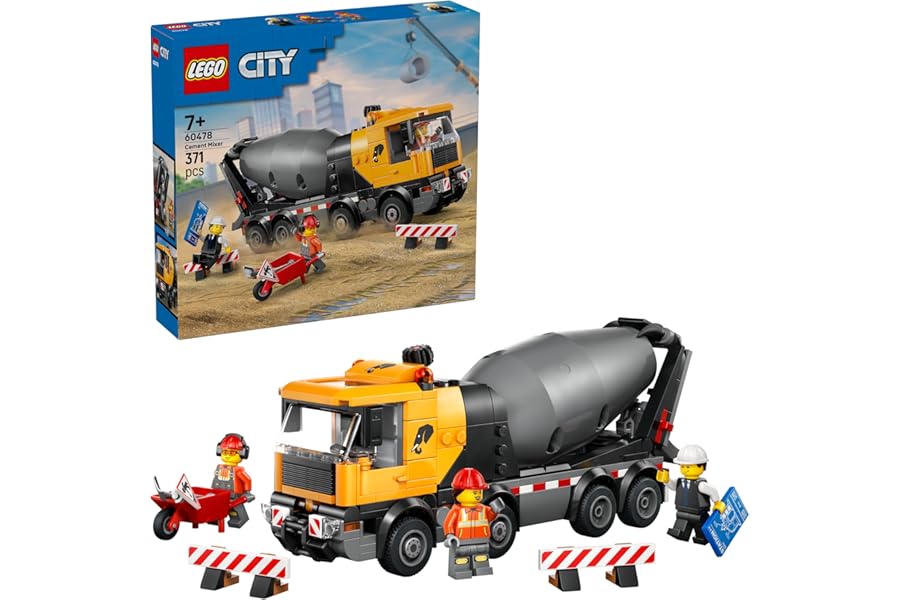 LEGO City Cement Mixer Truck Toy - Educational Construction Site Vehicle Model w/ 3 Minifigures, Rotating Drum & Pouring Function - Birthday Gift Idea for 7+ Year Old Boys - 60478