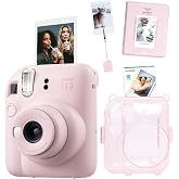 Instax mini 12 Camera-10 Film-Pincer Stand-PVC Album and Glitter Plexiglass Case Set (Pink)