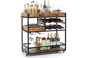 ‎KOMFOTTEU KOMFOTTEU Servierwagen mit abnehmbarem Tablett, Küchenwagen mit 8 Weinregalen & Glashalter, Rollwagen Barwagen für Küche Bar, Beistellwagen Industrie-Stil 80x40x83cm