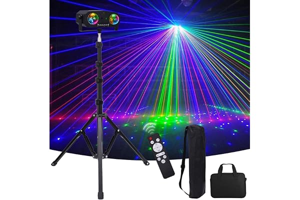 Lumières Disco 5 en 1 avec Trépied - Kaléidoscope, Motifs Rouge et Vert, Activation Sonore et Effet Stroboscopique - Boule Disco Portable pour Fête d'Anniversaire, Soirée, Mariage et Club