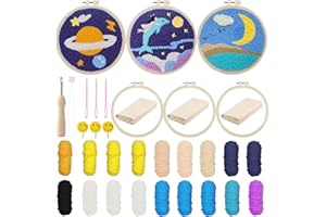 Allazone 3 Pz Kit de Bordado con Aguja Perforada, Kit de Arranque Punch Needle con Gráficos para Adultos Principiante, Herramientas de Enhebrador para Perforar Aguja (Planeta, Delfín, Luna)