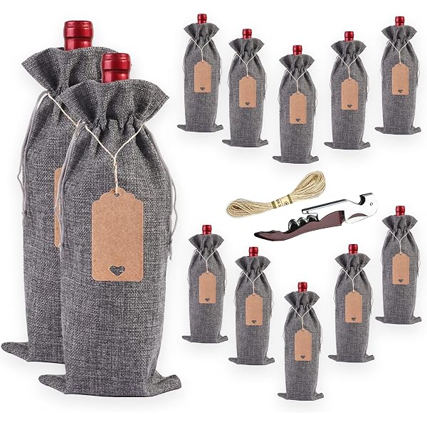 Set 6 Sacchetti Juta Per Bottiglie Di Vino Natale (3 Rossi + 3 Naturali) Con 12 Etichette Kraft E 12 Corde - Regalo Elegante Per Feste E Tavola