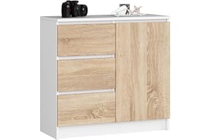 AKORD Cómoda Jerry | Cajonero con 1 Puerta 3 Cajones 2 Estantes | Credenza Alta 80 cm | 80x35x77 cm | Blanco & Roble Sonoma Frente