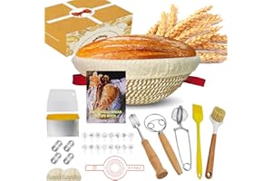 JUKIBOLE Banneton pour Pain 23cm, 27 Pièces Paniers à Pain Ronds Set avec Grattoir à Pâte, Mélangeur à Pâte, Brosse, Kit de Démarrage de Sourdough pour Débutants, Passionnés de Pâtisserie