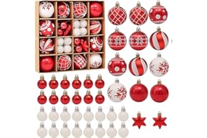 Robofun - Juego de 42 bolas de Navidad, caja de bolas de plástico irrompible, adornos decorativos para regalos, árbol de Navidad, fiesta, boda, decoración reutilizable, color blanco y rojo