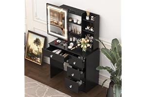 ANCOLOV Schminktisch mit LED Spiegel & Beleuchtung, Kosmetiktisch mit Stauraum, 3 Schubladen, 7 Ablagefächer, Schiebespiegel 80 cm Breite, Frisiertisch Mädchen, Schwarz, Makeup Vanity Desk Diamantgriffe