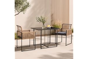 casa.pro Conjunto de Muebles de Terraza - 1 Mesa Rectangular 2 Sillas con Reposabrazos y Cojines de Asiento - Mueble de Jardín Exterior 3 Piezas Acero y Cuerda Tejida - Negro/Marrón