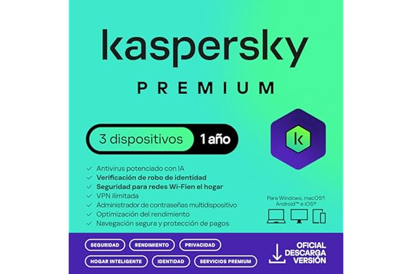 Kaspersky Premium Total Security 2026 | 3 Dispositivos | 1 año | Anti-Phishing y Firewall | VPN ilimitada | Gestor de contraseñas | Control parental | Soporte 24/7 | PC/Mac/Móvil | Código por email