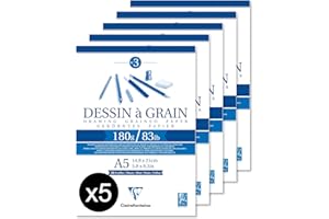 Clairefontaine 96626C – Blok rysunkowy klejony o wyraźnej fakturze – 30 arkuszy papieru rysunkowego A5 (14,8x21 cm), 180 g – odpowiedni do rysunku ołówkiem, pisakiem i węglem – opakowanie 5 sztuk