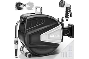 tillvex Carrete para Manguera de agua 30+2m con soporte de pared y asa | Enrollador de manguera con pistola manual y manguera de jardín | Caja de manguera para pared con enrollado automático