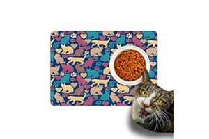 DEAD SET STUDIO Premium Non Slip Cat Food Water Floor Mat - Washable Surface Pet Bowl Mats with Various Designs - Cats and Hearts