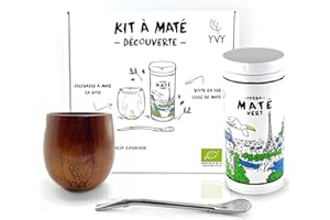 YVY MATÉ Kit Maté Complet | Calebasse en bois, Bombilla et Boîte en fer Mate Vert Bio Grand Cru 100g | Coffret pour débuter ou offrir | Cadeau original