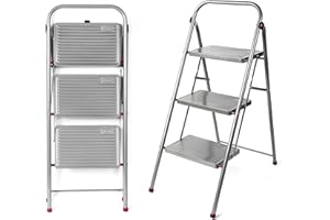 Kleeneze Escabeau Pliable à 3 Marches 105 cm, Marchepied Robuste Pliable de Bricolage, Pour Intérieur/Extérieur, Capacité max 150 kg, Facile à Ranger, Acier Allié, Pieds Antidérapant, Rose/Gris