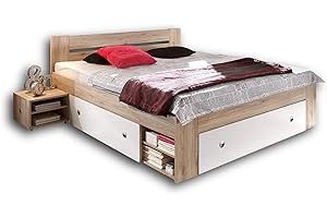 ‎STELLA TRADING Stella Trading STEFAN Doppelbett Bettanlage 180 x 200 cm mit 2x Nachtkommoden - Schlafzimmer Komplett-Set in Eiche San Remo Optik, weiß - 185 x 86 x 204 cm (B/H/T)