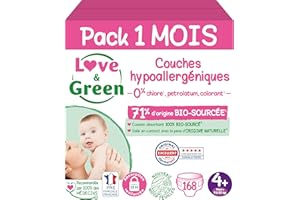 Love & Green - Couches Bébé Saines et Ecologiques - Taille 4+ (9-20 kg) - Pack 1 Mois (168 Couches) - Absorbante, anti-fuites et sans ingrédients indésirables