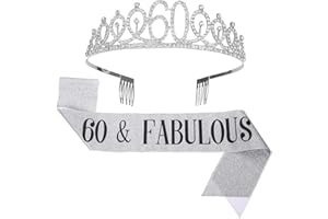 SUSSURRO "60 and Fabulous Sash and Rhinestone Tiara Set,60th Birthday Gifts Birthday Sash for Women Birthday Party Supplies(Silver)