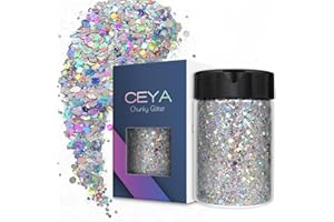 Ceya Holographic Chunky Glitter, 3.5oz/ 100g Silver Craft Glitter Powder Mixed Chunky Fine Flakes Iridescent Nail Sequins for Nail Art, Hair, Epoxy Resin, Tumblers, Slime, Painting, Festival Decor