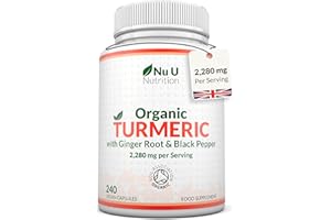 Organic Turmeric Ginger & Black Pepper 2280mg - 240 Vegan Capsules not Tablets - High Strength Tumeric Curcumin - Joints Herbal Supplement for Men and Women - Made in The UK - Nu U Nutrition