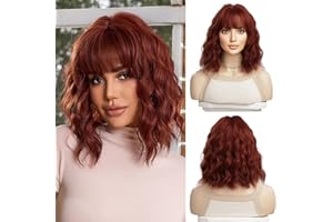 ‎OUFEI OUFEI Rötlichbraune Perücke mit Pony Lockige Perücken für Frauen Kurze Rote Kupfer Perücken Synthetisches Haar Hitzebeständige Perücken für Tägliche Party Cosplay Tragen