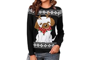 Jahetuul Maglione Natalizio Donna Girocollo a Maniche Lunghe Elegante Maglia Donna Invernale con Modello di Cuccioli e Decorazione a Palline di Pelliccia Caldo Pullover