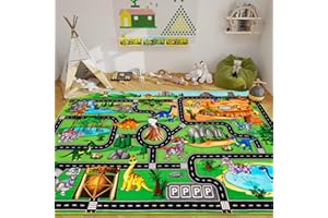DINSUMRUG Kids Rugs for Playroom 150×100CM Dinosaur Car Play Mat Robot Dinosaur Park Road Educational Dino Road Rug for Toy Car Jurassic Themed Play Carpet for Kids, Toddlers, Nursery, Classroom