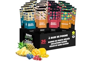 Zest Delites Fruits Secs, Pate de Fruit, Collation Aux Fruits Sains, Bonbons Aux Fruits Végétaliens, À Base de Pomme, Gluten-Free Fruit Roll Ups, 4 Saveurs, Ananas, Mangue, Myrtille, Framboise, 36x25g
