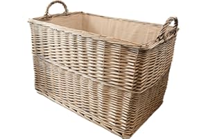 Arthur Cameron Wicker Log Basket with Lining and Handles (62x40x37cm) Medium Sturdy Storage Basket perfect for Toys, blankets, hallway, garage, living room, bedroom or office