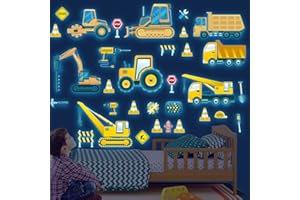 TARKLANDA Glow in The Dark Construction Vehicles Wall Stickers Transport Cars Theme Fluorescent Stickers Peel and Stick Road Signs Truck Wall Art Decals for Kids Boys Bedroom Playroom Baby Nursery Blue