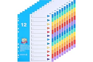 DONGLI (Lot de 10) A4 Intercalaires en Plastique, Feuillets Intercalaires 12 Positions,Intercalaires avec Onglets Multicolores,Numérotés de 1-12