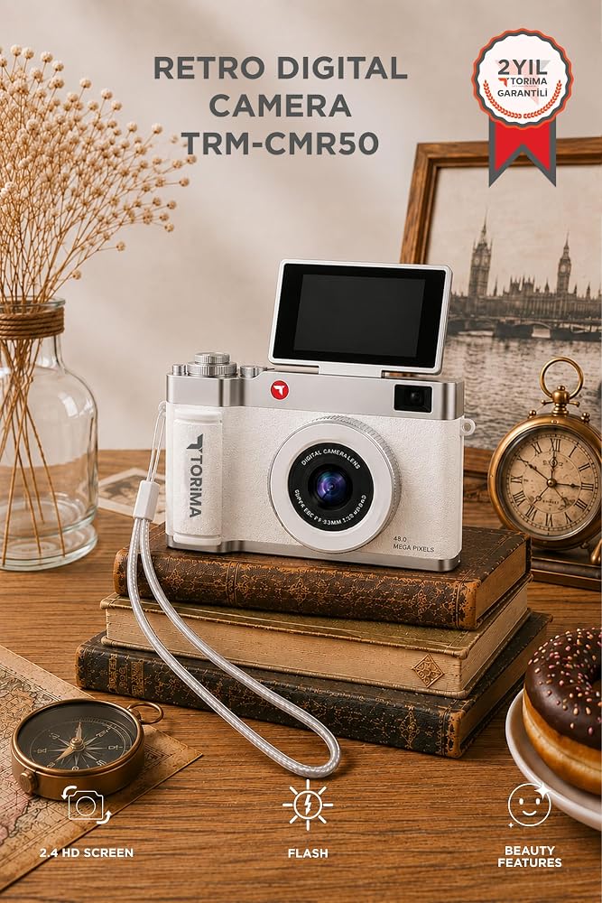 Mini Dijital Retro Kamera CMR50 Beyaz 48MP Selfie Video Vlog Kamerası