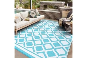 VK·LIVING Large Outdoor Rug for Patios Waterproof 180X270cm Reversible Garden Carpet Lightweight Plastic Floor Mat Portable Foldable Area Patio Rugs for Balcony Camping Yard RV Beach Blue&White