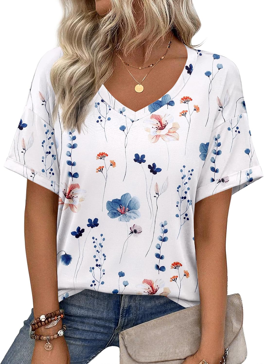 Zeagoo Camiseta Mujer Manga Corta Cuello V Camisetas Verano Elegante Blusa Holgada Camisas Basica T-Shirt Top S-XXL