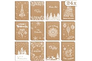‎DEEPLAY DEEPLAY Weihnachtskarten 24er Kraftpapier Weihnachtskarten Set mit Umschlägen & Aufklebern, Elegante Gefaltete Weihnachtsgrußkarten für Familie, Freunde